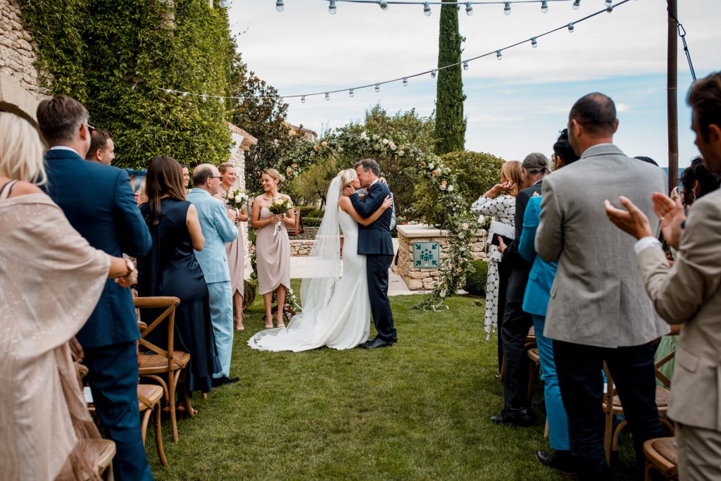 bride and groom in garden at la bastide de gordes wedding