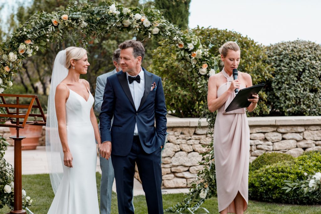 bride and groom in garden at la bastide de gordes wedding