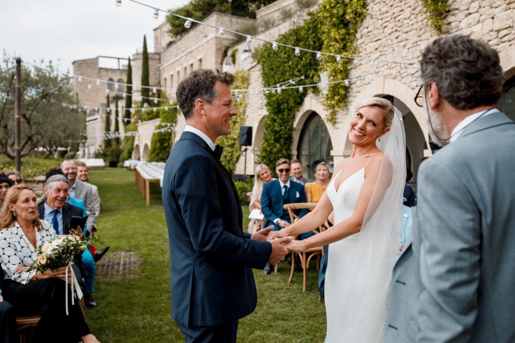 bride and groom in garden at la bastide de gordes wedding