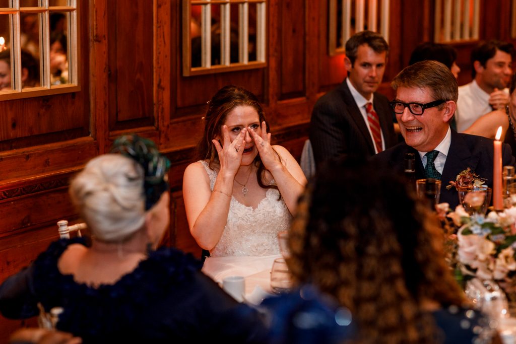bride crying at speeches in hedsor house