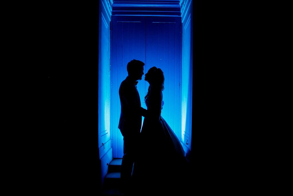bride and groom evening portrait outside the amadeus wedding venue
