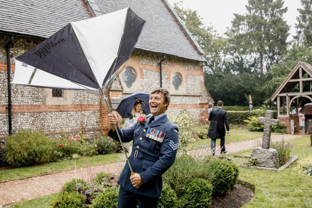 umbrella inside out at wedding