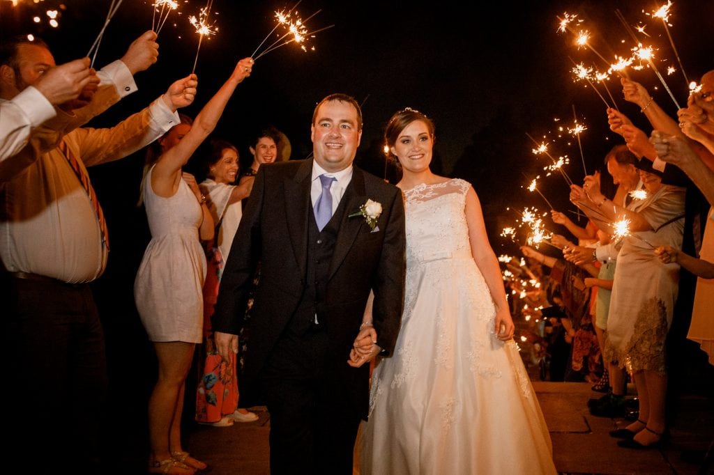 sparkler exit at fanhams hall wedding