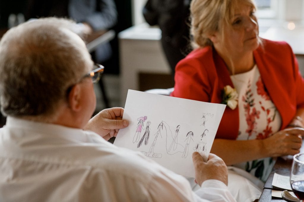 wedding guest looking at childs picture